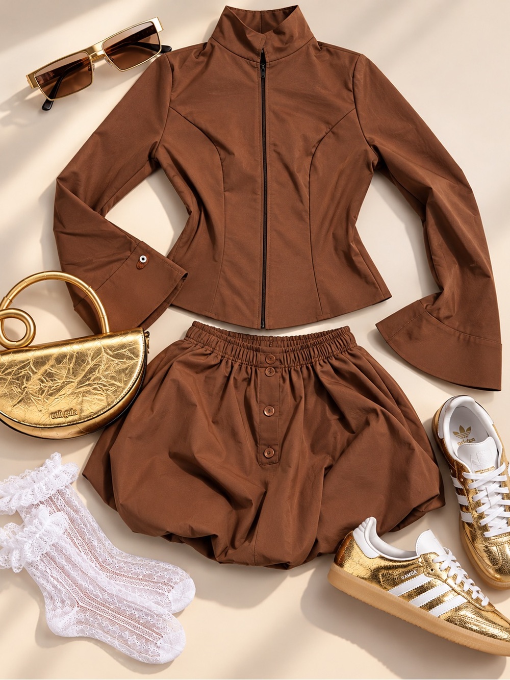 Missguided Brown Elastic-Waist Shorts with Button Front
